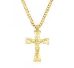 Colgante grande con dije de cruz ancha de Jesús lleno de oro amarillo sólido de 10 k, 5535 mm con cadena cubana de Miami de 24 quot, 6005 mm4095718