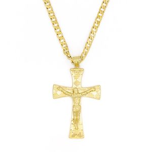 Grand pendentif à breloque en croix large de Jésus rempli d'or jaune massif 10 carats 55 35 mm avec 24 chaînes cubaines Miami 600 5 mm256I
