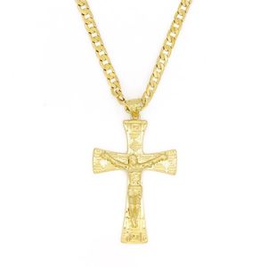 Massief 10k geel goud gevuld Jezus breed kruis charme grote hanger 55-35 mm met 24 Miami Cubaanse ketting 600 5mm3201