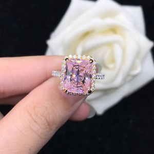 Massief 14K witgoud AU585 platina PT950 5 roze diamanten ring Mode eenvoudig vierkant 240402