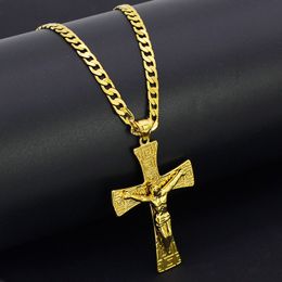 Solide 18k jaune or fin GF Jésus large croix charme grand pendentif 55*35mm avec chaîne cubaine Miami 24 pouces 600*5mm