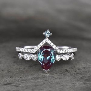 Solid 925 Sterling Silver CZ Dainty Sieraden Lab Gegroeide Alexandrite Ring Set Wedding Engagement Ringen voor Gift