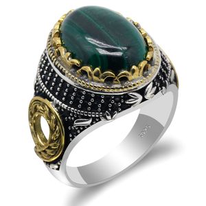 Solid 925 Sterling Zilveren Mannen Ring Grote Natuurlijke Malachiet Stone Vintage Clover Lucky Paramount Bruiloft Sieraden Signet Rings Dames