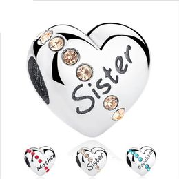 Massief 925 Sterling Zilver Strass Liefde Hart Kralen Moeder Dochter Zus Harten Charm voor DIY Sieraden Accessories288d