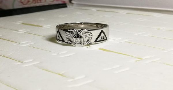 Anillo masónico para hombre chapado en oro de 18 quilates con baño de rodio en plata de ley 925 maciza, anillos ish Rite de 32 grados con alas de águila hacia abajo4598624