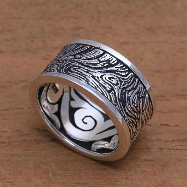 Anillo de plata sólida 925 con diseño misterioso Exterior de madera, anillos Vintage para hombres y mujeres, joyería de plata para boda, tamaño 5 -12224W