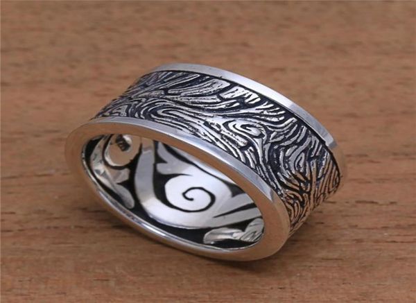 Anillo de plata esterlina 925 sólida Exterior de madera Patrón misterioso Anillos vintage para hombres Mujeres Joyería de plata de boda Tamaño 5 126286036