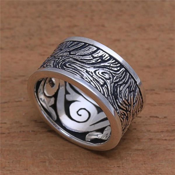 Anillo de plata esterlina 925 sólida Exterior de madera Patrón misterioso Anillos vintage para hombres Mujeres Joyería de plata de boda Tamaño 5 -12260f