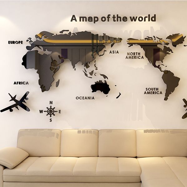 Solide Acrylique Sticker Mural Carte Du Monde Stickers Pour Salon 3D Stickers Muraux Canapé Backgroud Mural Grand Papier Peint Pour La Décoration Intérieure 210308