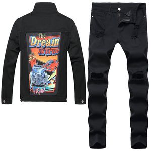 Solid Black Jacket Jeans 2 stks sets voor mannengat gescheurd losse spijkertijd met lange mouwen en stretch broek lente herfst casual outfits