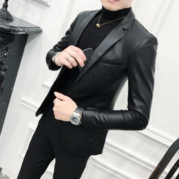 Solid Black Slim Fit Blazer Hombre PU Lederen Jas Mannen One Button Business Casual Prom Blazers voor Mannen Koreaanse pakjas
