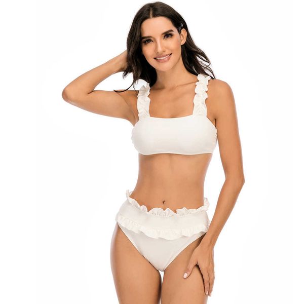 Sólido Negro Blanco Bikinis Tanga Sexy Mujeres Verano Traje de baño Bikini Set Bandeau Ruffle Tanga Ropa de playa Traje de baño Traje de baño 210604