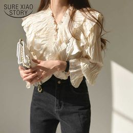 Solid Blouse Dames V-hals Vrouw Shirt Koreaanse Tops Lente Ruche Lange Mouw Kantoor Dame Kleding met Black Beige 10573 210527