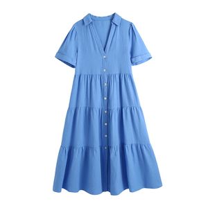 Solide blauw gedrapeerd zachte vrouwen jurk zomer knoppen patchwork korte mouw dame vintage chique mode vrouwelijke 210430