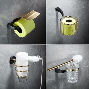 Solide messing badkameraccessoires set tissue houder hoekplank mand handdoekrek toiletborstel houder badhardware zwart goud