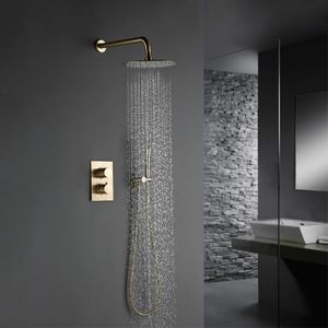 Latón macizo cepillado Oro Baño Ducha cabeza Rianfall lujo Combo de montaje en pared grifo mezclador termostático brazo desviador Conjunto