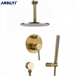 Solid Brass Brushed Gold Bathroom Rianfall Head Faucet Wall Mounted Shower Arm Mixer Water Set T200710