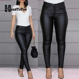 Solid Button Casual Coated PU Pants Dames Skinny Potlood 211115