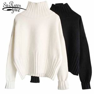 Sólido Casual Suave invierno Mujer Moda Suéteres Blanco negro Punto Manga larga Cuello alto 5298 50 210508