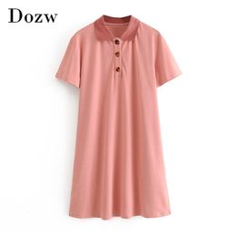 Solide Casual T-shirt Robe Femmes Manches courtes Été Mini Turn Down Collier Sweet Tunique Es Robe Mujer 210515