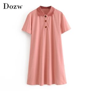 Solid Casual t-shirt jurk vrouwen korte mouw zomer mini turn down collar zoete tuniek es vestido mujer 210515