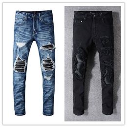 effen klassieke stijl heren jeans mode rechte aankomst biker gewassen jeans broek verontruste water diamant zebrastrepen top jeans 2923