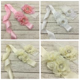 Effen kleur kunstbloem sjerp en haarband set glanzende parel strass bloemen vrouwen riemen kant hoofdband vakantie decoratie