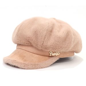 Solid Color Beret Vintage Artist Hat Show Face Small Painter Cap Classic Mink Feather Fall Winter Hat Warm Octagonal Hat