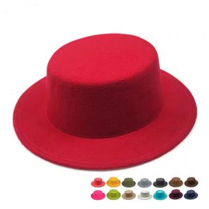 Solid Color Boater Fedora hoed herfst winterimitatie wollen bowler hoed vrouwen mannen flat top vilt cap trilby elegante dame chapeu