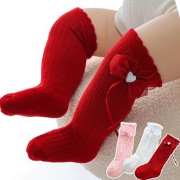 Solid Color Bow Baby Girls Knie High Socks Cute Bowknot Pasgeboren Princess Socks Spring Autumn Infant Toddler Long Sock