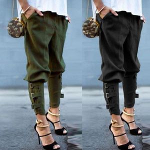 Color sólido hebilla correas pantalones bombachos largos Casual mujer pantalones sueltos cintura elástica longitud pantalón mujer Capris