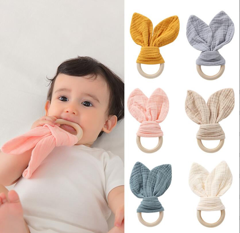 Fast f￤rg kanin ￶ron soothers teether tyg tr￤ tandring ring med crinkle material dusch g￥va