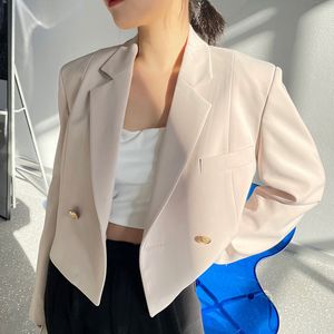 Couleur solide décontracté design printemps femmes coréen beige métal boucle courte costume rétro niche veste d'épaule lâche 16f0962 210510