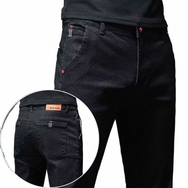 Couleur unie Cott noir gris foncé jean pantalon pour hommes classique mince Stretch décontracté coréen Fi jeunesse mâle Denim pantalon p84S #