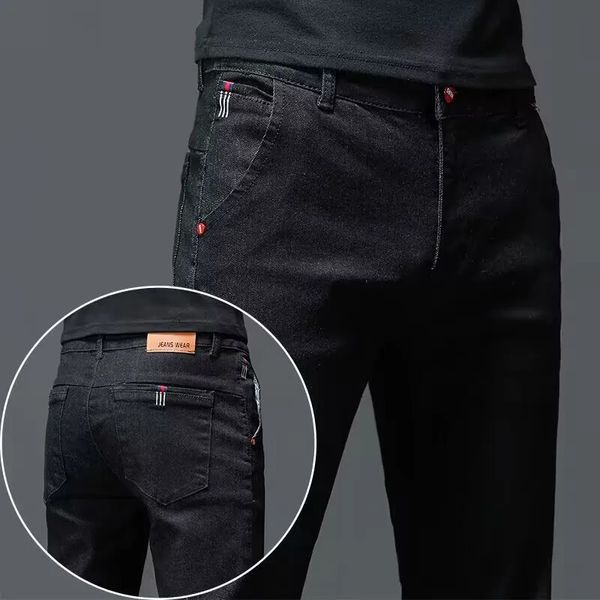 Jean en coton pour hommes, couleur unie, noir, gris foncé, pantalon classique, Slim, extensible, décontracté, mode coréenne, Denim pour jeunes hommes, 240227