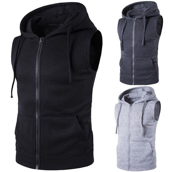 Veste en coton de couleur unie, gilet avec poches, haut S-XXXL pour hommes, à capuche, sans manches, fermeture éclair, blouson à capuche décontracté