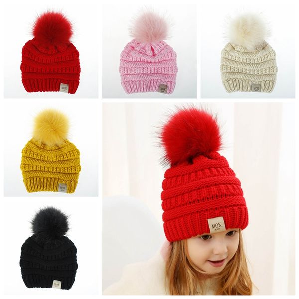 Casquettes de couleur unie pour bébés filles, grandes boules de fourrure, bonnets tricotés chauds, chapeaux au crochet à la mode pour enfants filles et garçons en bas âge, hiver