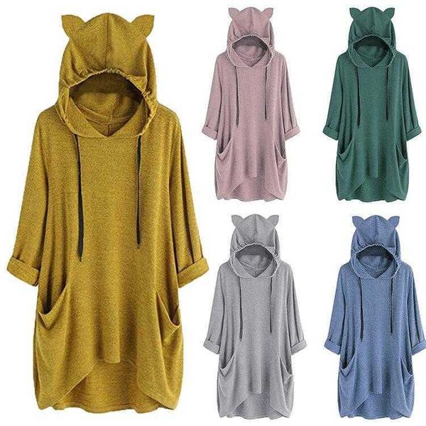 Couleur unie Cute Cat Ear Hoodies Pocket Long Sweatershirt Fashion Plus Size Top