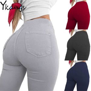 Pantalon crayon élastique de couleur unie Stretch Minceur Skinny Classique Femmes Pantalon Streetwear Poches Grande Taille Taille Haute Pantalon de base Q0801