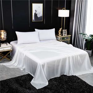 Solid Color Flat Sheet Silk laken King Koningin Luxe Natuurlijke Zijde Super Zachte Comfortabele Beddengoed 210626