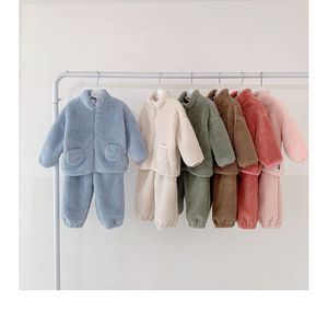 Conjuntos de ropa de bebé para niños cálidos de lana de Color sólido 2 uds abrigo de manga larga con cremallera pantalones nuevos trajes de primavera otoño para niños y niñas