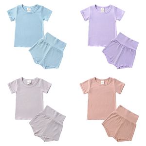 Pijama de color sólido para niños, traje de verano para niños, conjunto de ropa de dormir para niños, pijama de manga corta de algodón + pantalones cortos para dormir 210915