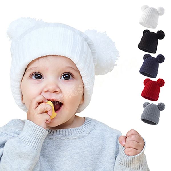 Einfarbige Strickwollmütze mit doppeltem, flauschigem Ball, weiche, hautfreundliche, warme Säuglingsmütze, Baby-Kopfbedeckung, Fotografie-Requisiten