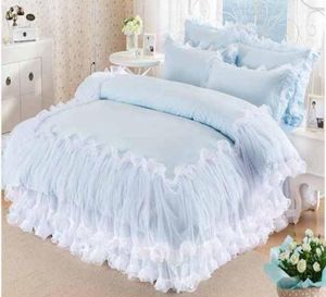 Color sólido Conjunto de ropa de cama King King Queen 4pcs Sky Blue Polyestercotton Princesa coreana Bedspread Girls Regalo DuvedQuilt Cover7761736