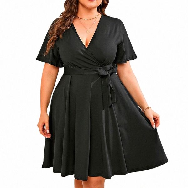 Couleur unie Grande Taille Lady Dr pour 2024 Été À Manches Courtes Plus Taille Femmes Dr Slim Fit Surdimensionné Vêtements Féminins 4XL XXX N1aO #