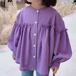 Chemisiers à boutonnage simple à manches longues de couleur unie printemps été vêtements pour enfants Style coréen fille chemises 210515