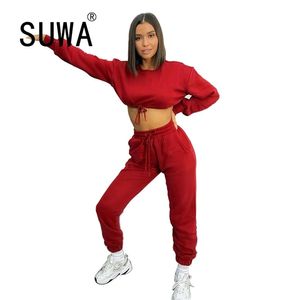 Solid Color Lange Mouwen Sweatshirt Crop Top en Hoge Taille Broek Trainingspak Dames 2 Stuk Set Sportswear Cool Girl Streetwear 210525