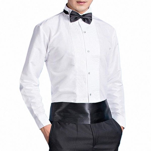 Camisa de hombre de color sólido Camisa de busin con cuello alado de hombre elegante para la oficina formal Fiesta de bodas Manga LG para el novio a6tC #