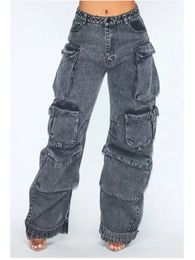 Couleur unie multi-poches jean ample femmes haute rue rétro hip-hop pantalon large décontracté droit taille haute jean femmes 240110