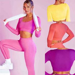 Solide Couleur Nouveau Deux Pièces Femmes Fitness Vêtements Couverture Viande Manches Longues En Plein Air Exécuter Respirant Sexy Sport Leggings Yoga Costume J220706